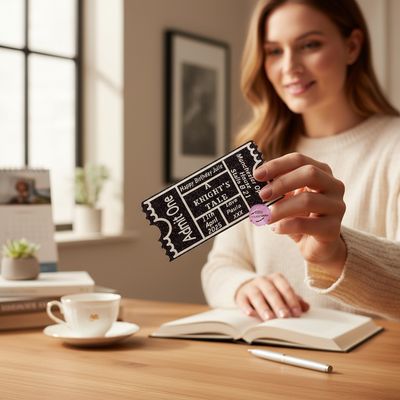 Custom acrylic ticket with event details — Engraved acrylic ticket featuring personalised venue, date and message layout.
