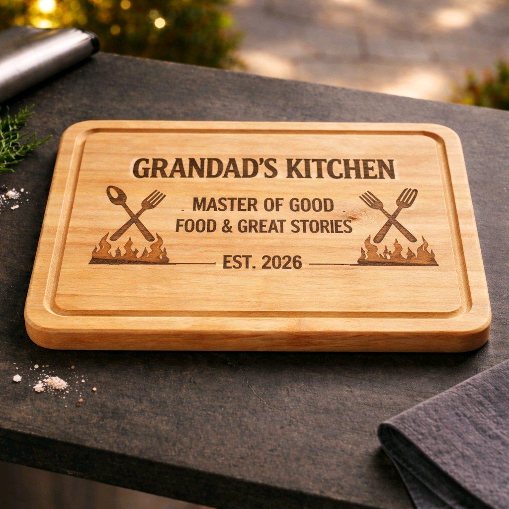 Personalised Engraved Chopping Board – Family Tree, BBQ Dad or Custom Logo Design