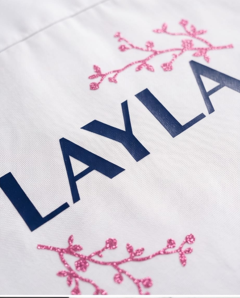 Female students wearing personalised school leavers shirts — custom names — leaving keepsake — Stockport UK