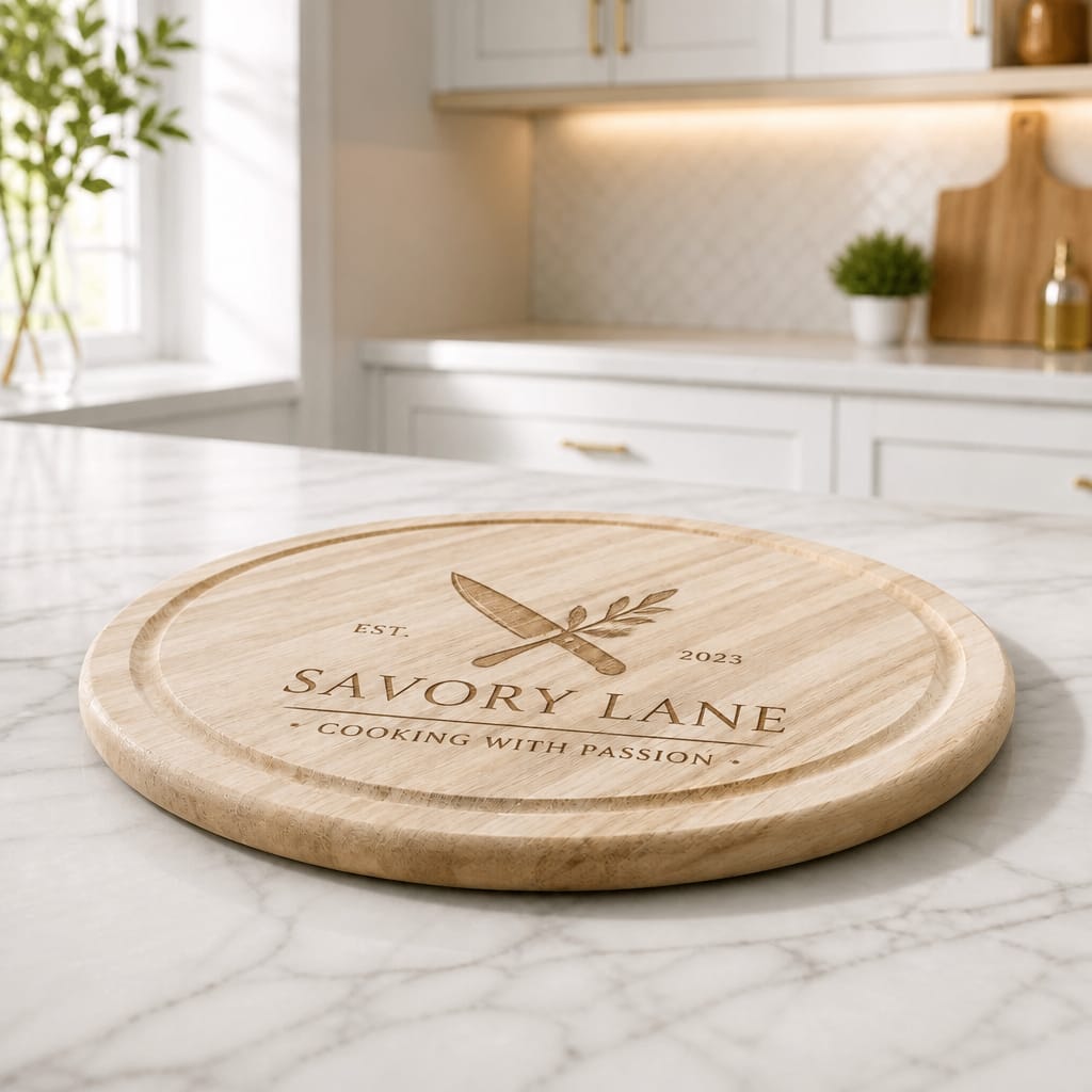 Close-up of engraved round wooden board — custom design, text & logo — laser-engraved platter — Stockport UK