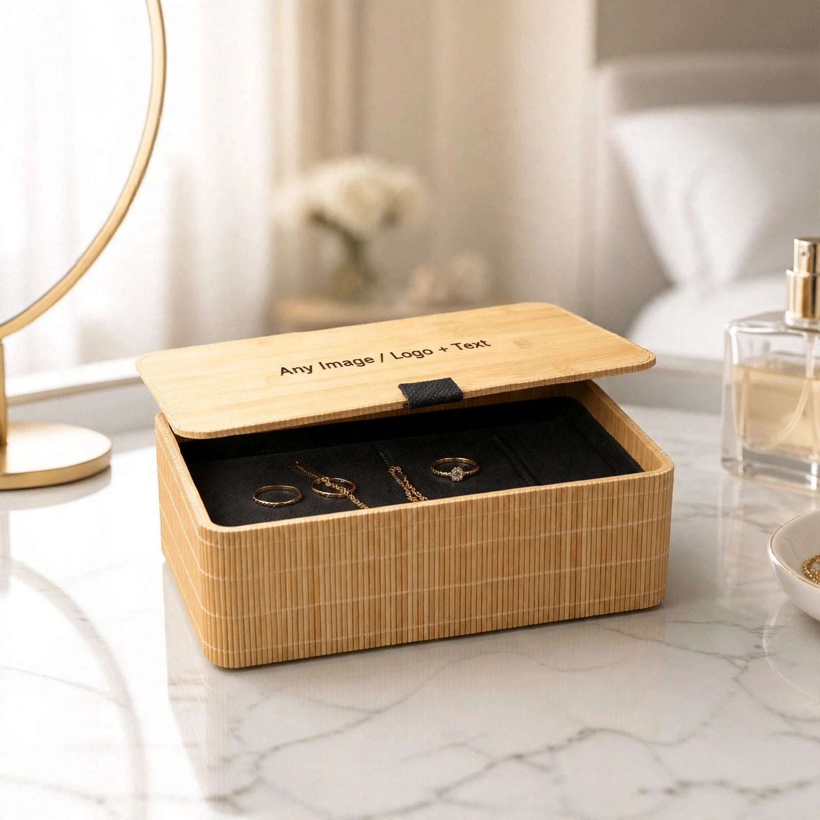 Personalised engraved bamboo jewellery box — custom image, logo & text — natural wood interior — made in Stockport UK