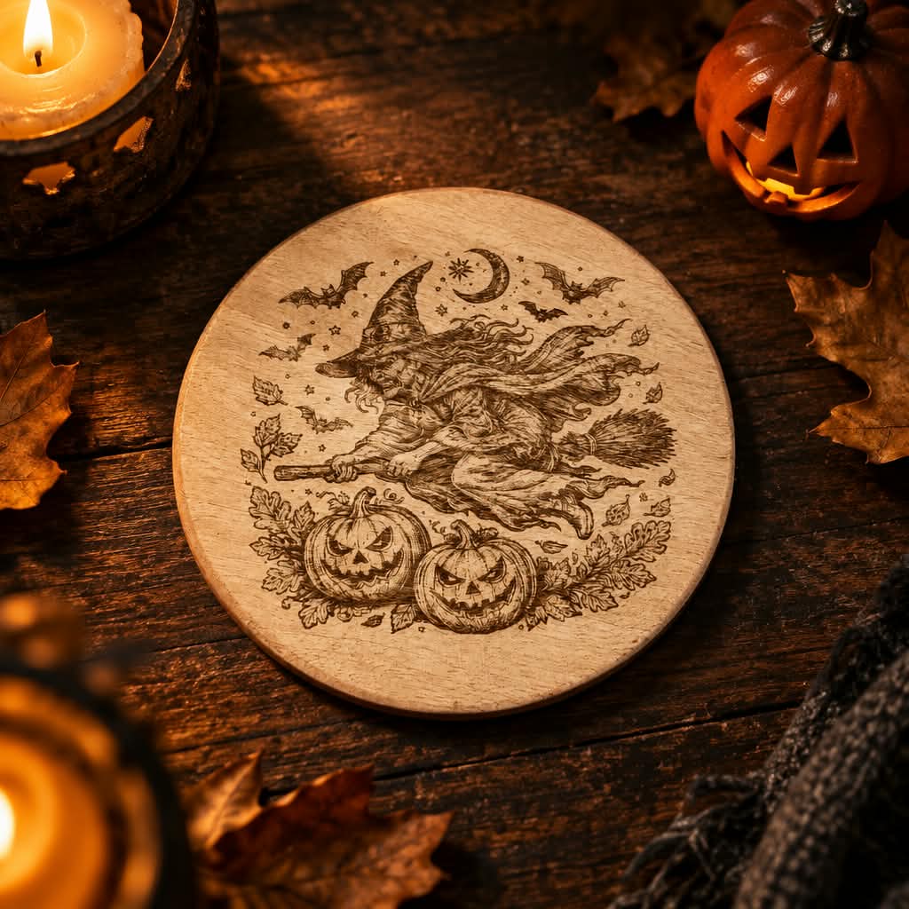 A round wooden coaster featuring a detailed brown engraved illustration of a witch riding a broomstick with pumpkins under a crescent moon, displayed on a rustic dark wood table surrounded by autumn leaves, candles, and a carved jack-o'-lantern.