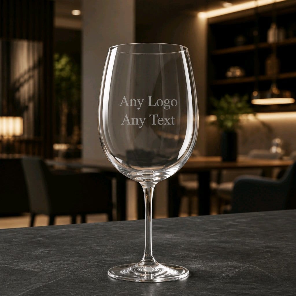Engraved personalised wine glass — custom logo, name & text — made in Stockport UK