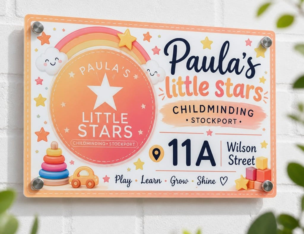 Personalised custom business sign — any name, logo, text & address — heat-printed plaque made in Stockport UK