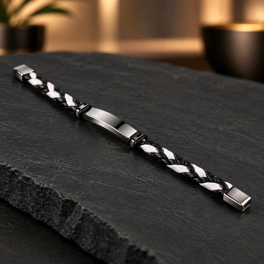 Custom engraved leather bracelet — personalised name bar — men's gift, durable braided design