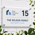 Personalised reverse-printed glass sign — custom logo, family name or house number — engraved plaque made in Stockport UK