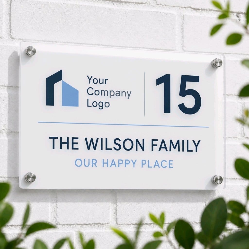 Personalised reverse-printed glass sign — custom logo, family name or house number — engraved plaque made in Stockport UK