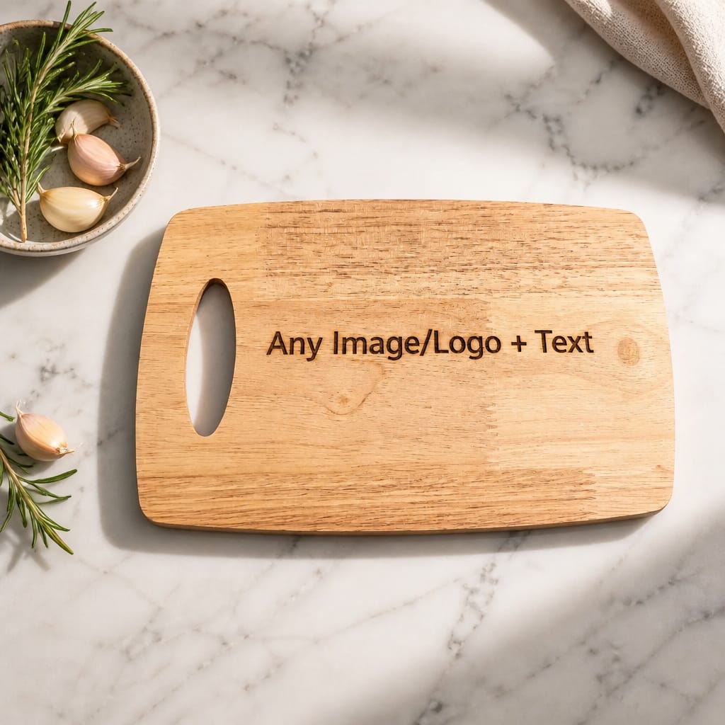 Personalised engraved wooden chopping board — any image, logo & text — custom cheese board made in Stockport UK