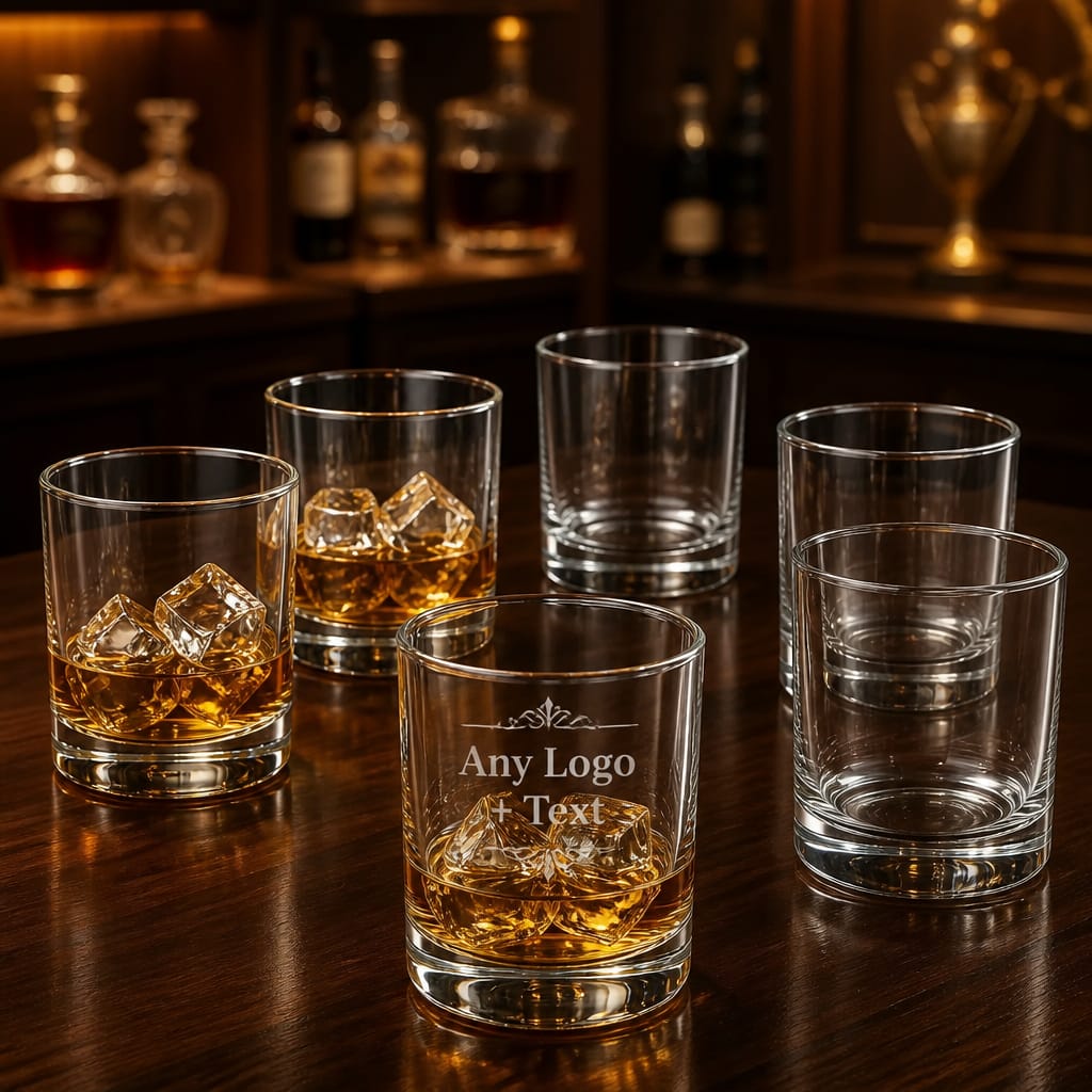 Engraved personalised whiskey glass — custom logo, name & text — made in Stockport UK