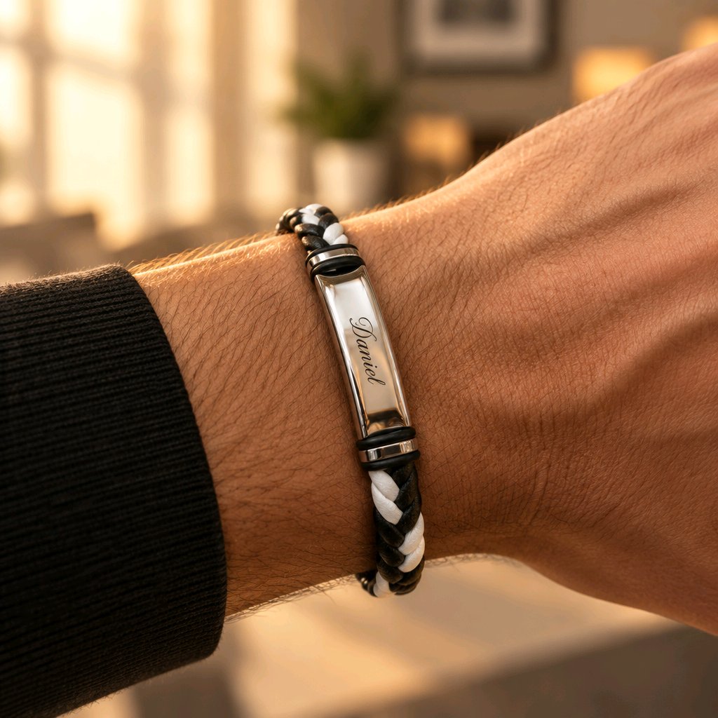 Personalised engraved black and white leather bracelet with polished silver name bar — 'Daniel' — men's custom jewellery gift, made in Stockport UK