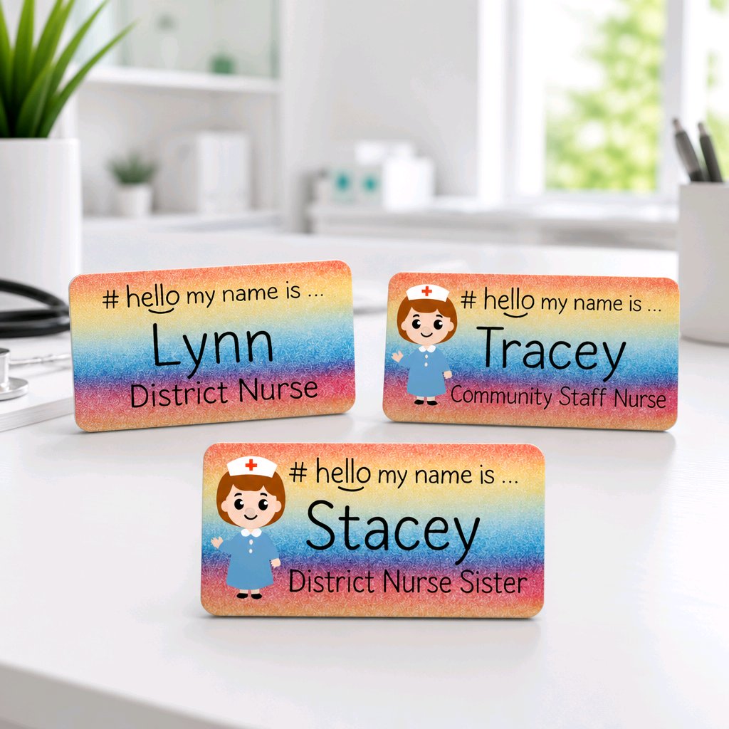 Custom acrylic name badge — hello my name is design, nurse cartoon character, personalised name and role, solid acrylic 75×38mm, AI design service available, printed in Stockport