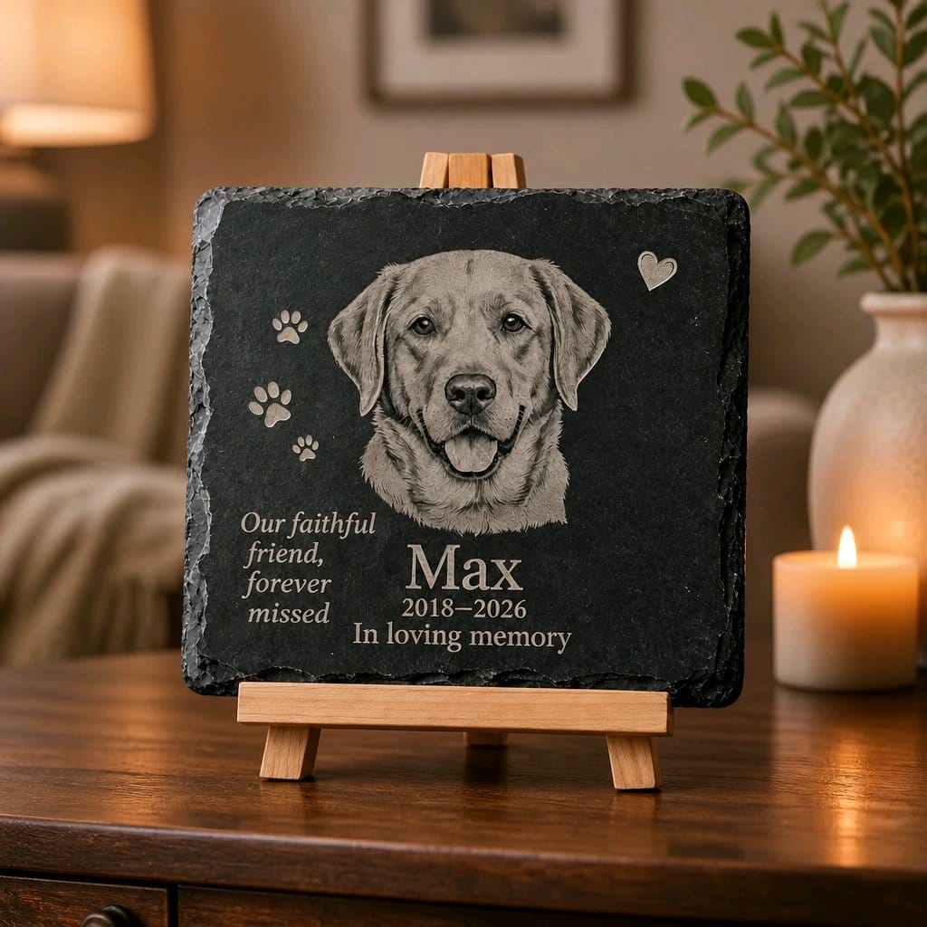 Close-up of engraved pet memorial slate — custom pet portrait & text — paw print design — keepsake Stockport UK