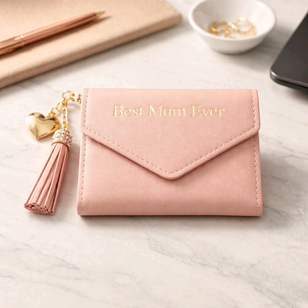 Personalised leather purse engraving — Close‑up of a custom engraved faux‑leather purse showing personalised name or message.