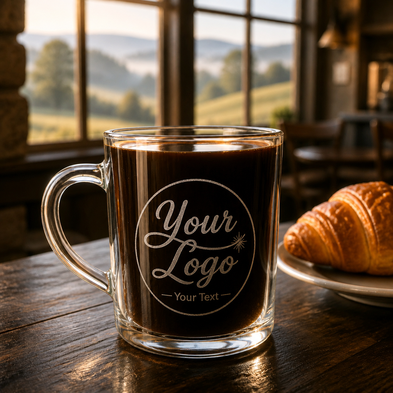 Engraved glass mug with coffee — custom name & logo — personalised gift or corporate branding — Stockport UK