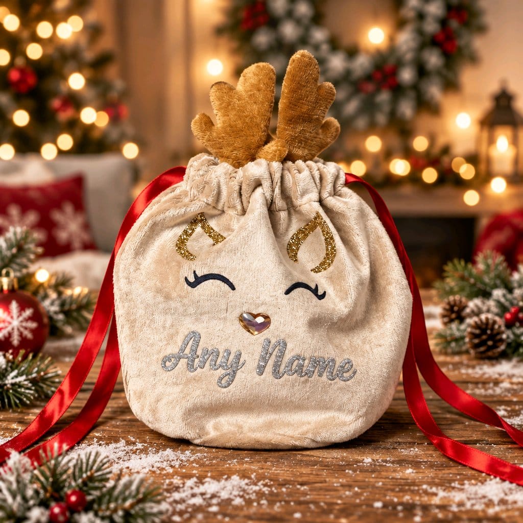 Personalised velvet reindeer gift bag with glitter antlers, embroidered face and red drawstring ribbon.
