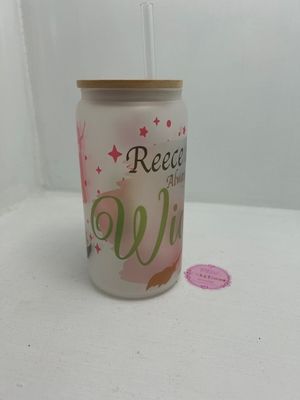 Bamboo lid frosted tumbler reusable straw — Stylish frosted glass tumbler with bamboo lid and straw, customised with your chosen wording.