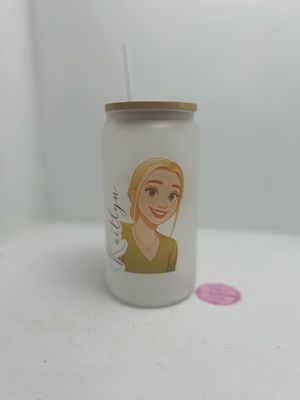 Bamboo lid frosted tumbler reusable straw — Stylish frosted glass tumbler with bamboo lid and straw, customised with your chosen name and message.