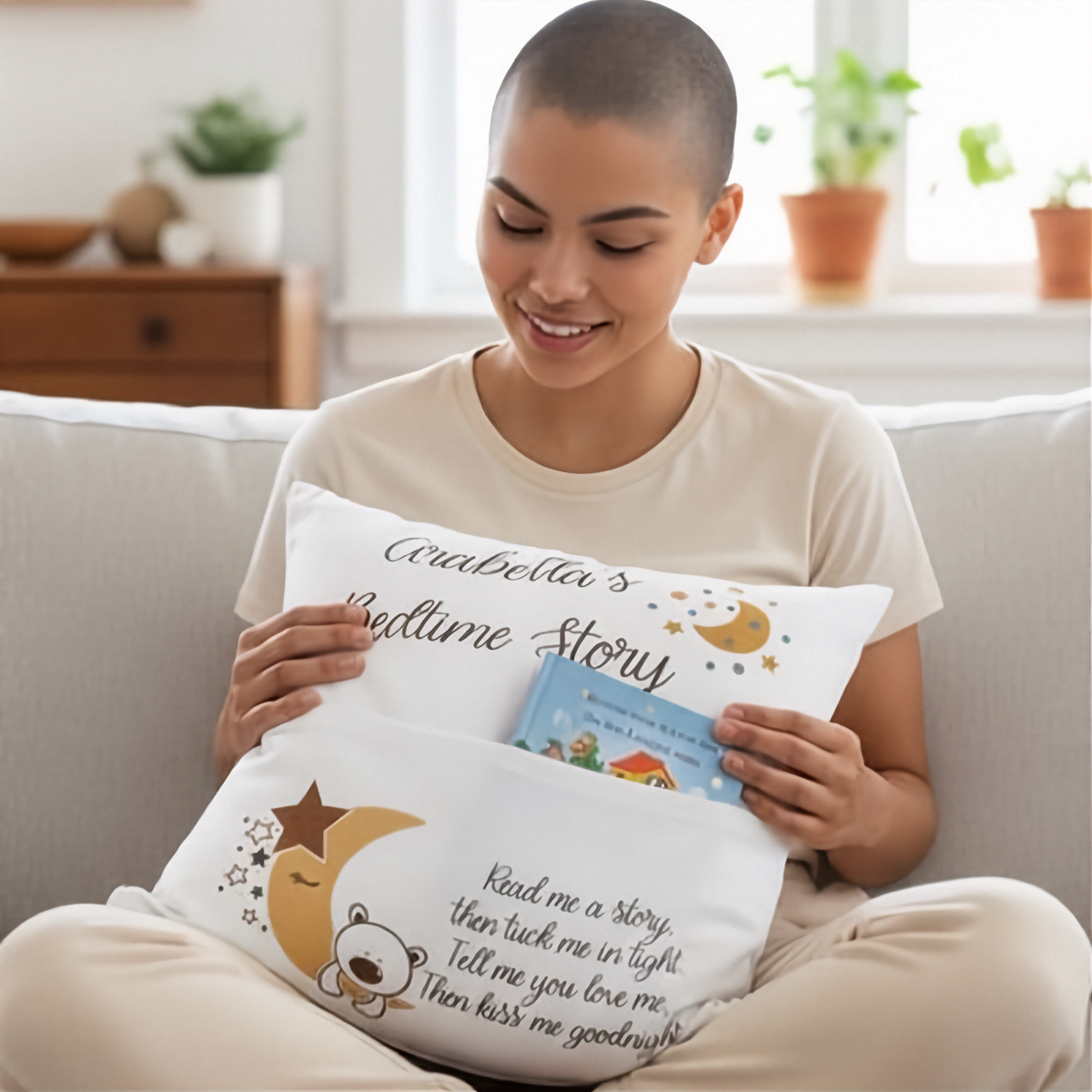 Bedtime pillow with personalised name and storage pocket — Personalised pillow slip and inner cushion with a handy pocket for bedtime stories.