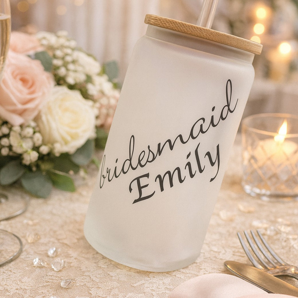 Bridesmaid personalised tumbler glass — Clear tumbler glass with bamboo lid and straw, heat‑pressed with a bridesmaid’s name or custom design.