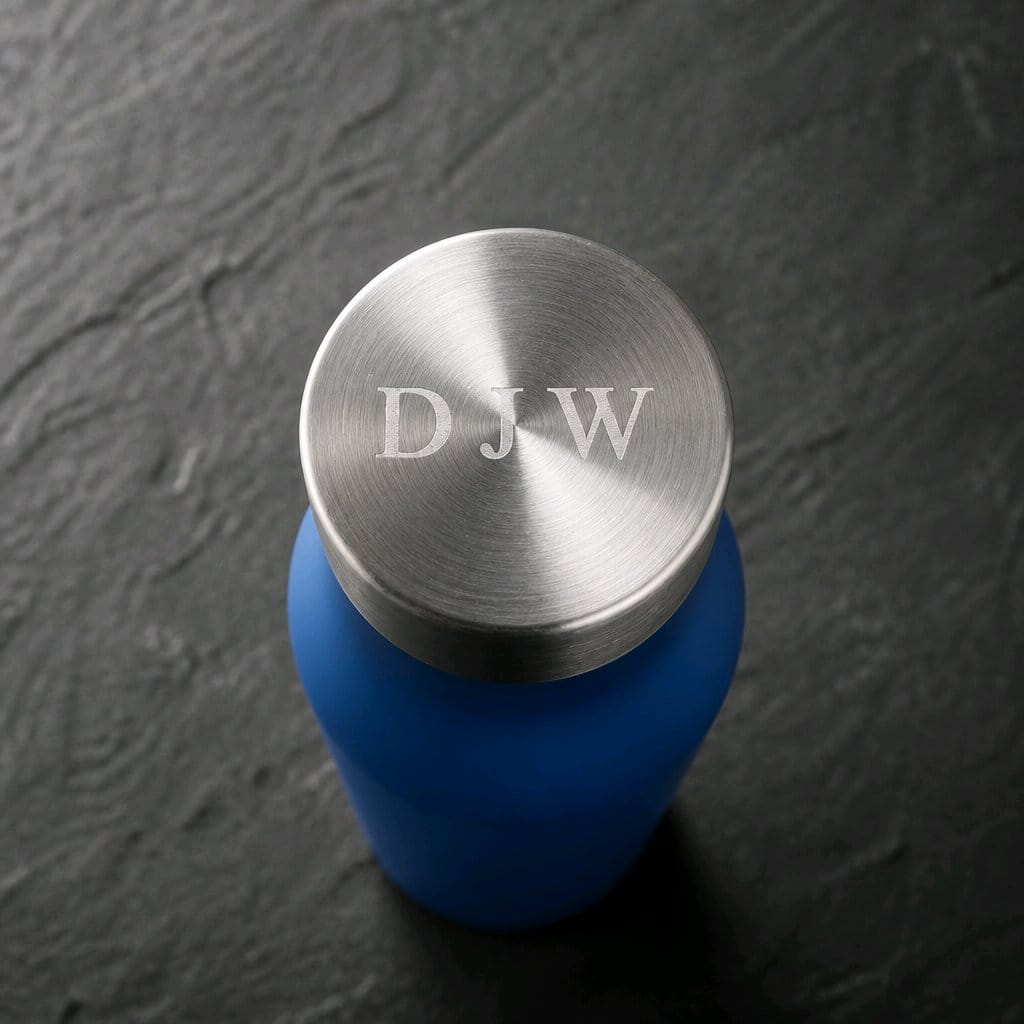 Close-up of engraved flask lid — custom initials design — personalised cold drinks bottle — Stockport UK