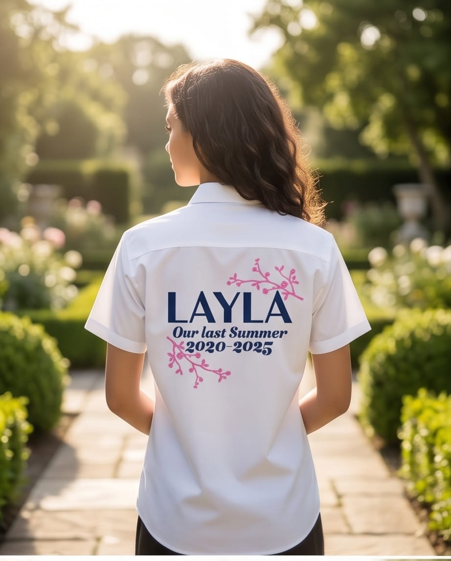 Personalised school leavers shirt — custom name printed on back — female leaving gift — Stockport UK