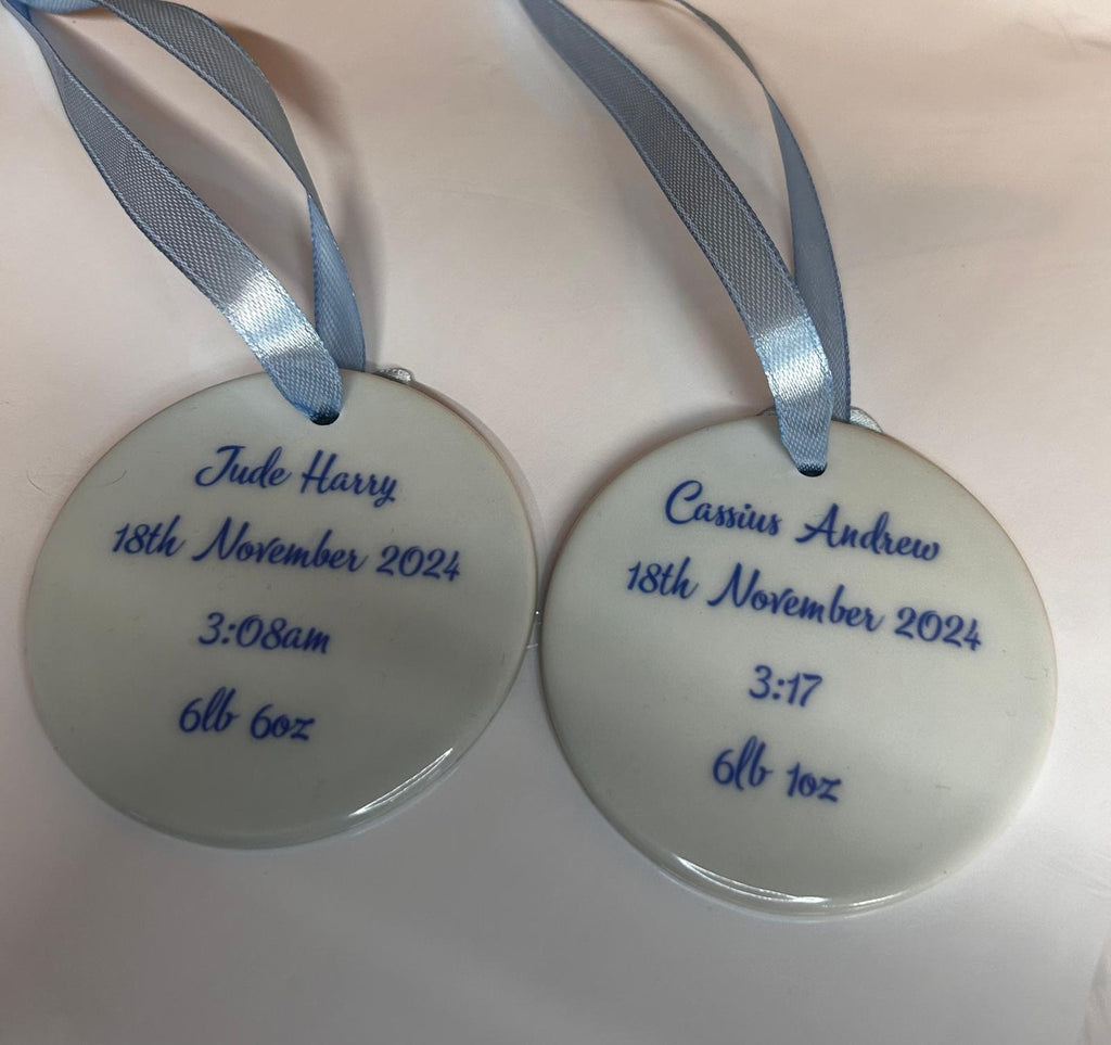 Custom ceramic photo ornament with message — High‑definition double‑sided ceramic ornament featuring your chosen photo and colour‑matched personalised message.