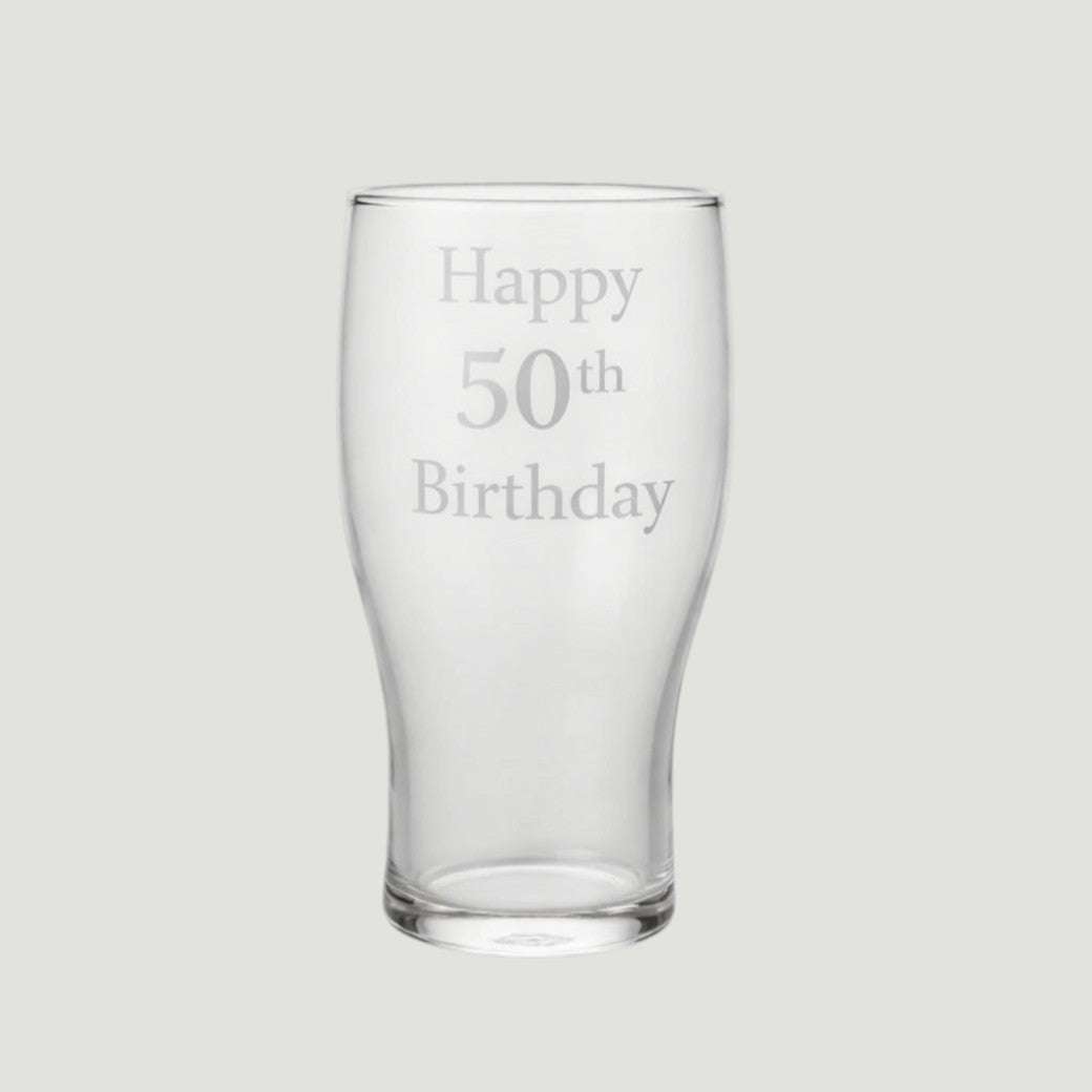 Custom logo or text pint glass — Clear pint glass featuring crisp laser engraving of any uploaded logo or message.