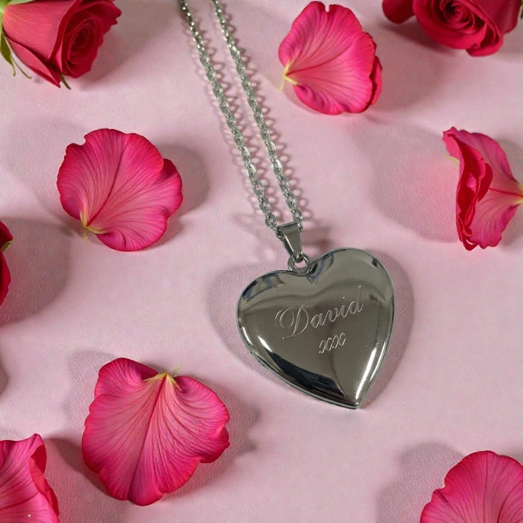 Custom message heart locket — Heart‑shaped locket engraved with a short personalised message and optional photo.