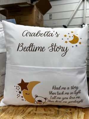 Custom name bedtime pillow with book pocket — Story pillow featuring a personalised name and a pocket for books, tablets or diaries.