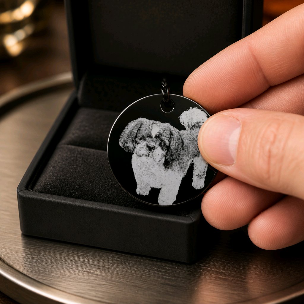 Custom pet engraved dog tag — Black metal dog tag engraved with a pet’s photo or name in detailed line‑art style.