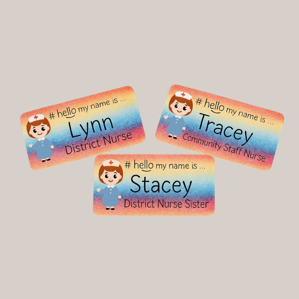 Custom printed badges personalised — Fully customisable printed badges ideal for front‑desk staff, market stalls or event hosts.