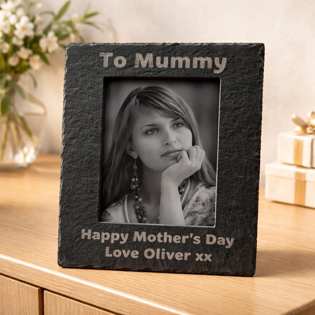 Engraved slate frame for family memories — Slate photo frame engraved with a chosen family moment.