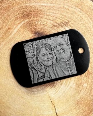 Custom photo dog tag with Spotify link — Personalised dog tag key ring printed with your chosen photo and linked to your favourite track.