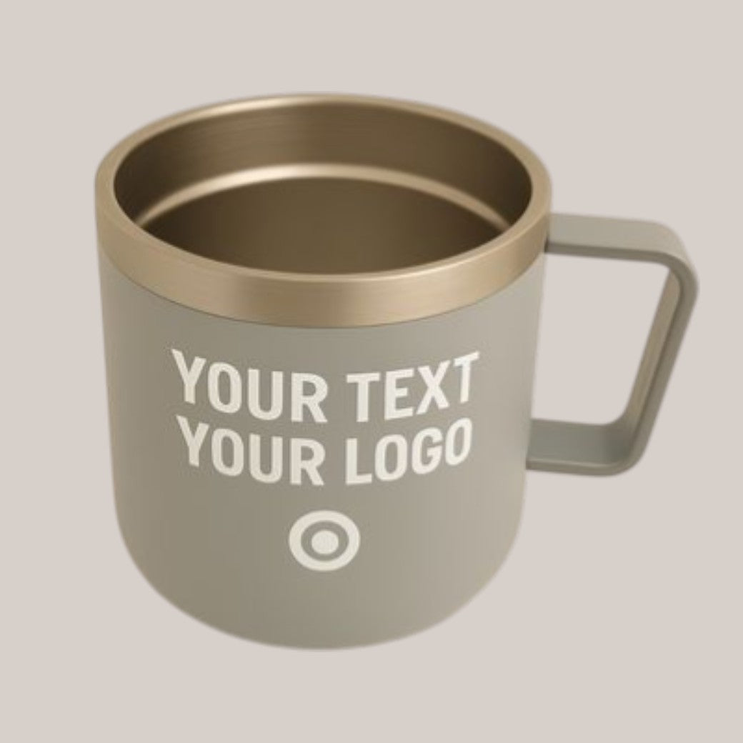 Custom stainless steel mug with name or logo — Durable travel mug personalised with your chosen text or uploaded logo.
