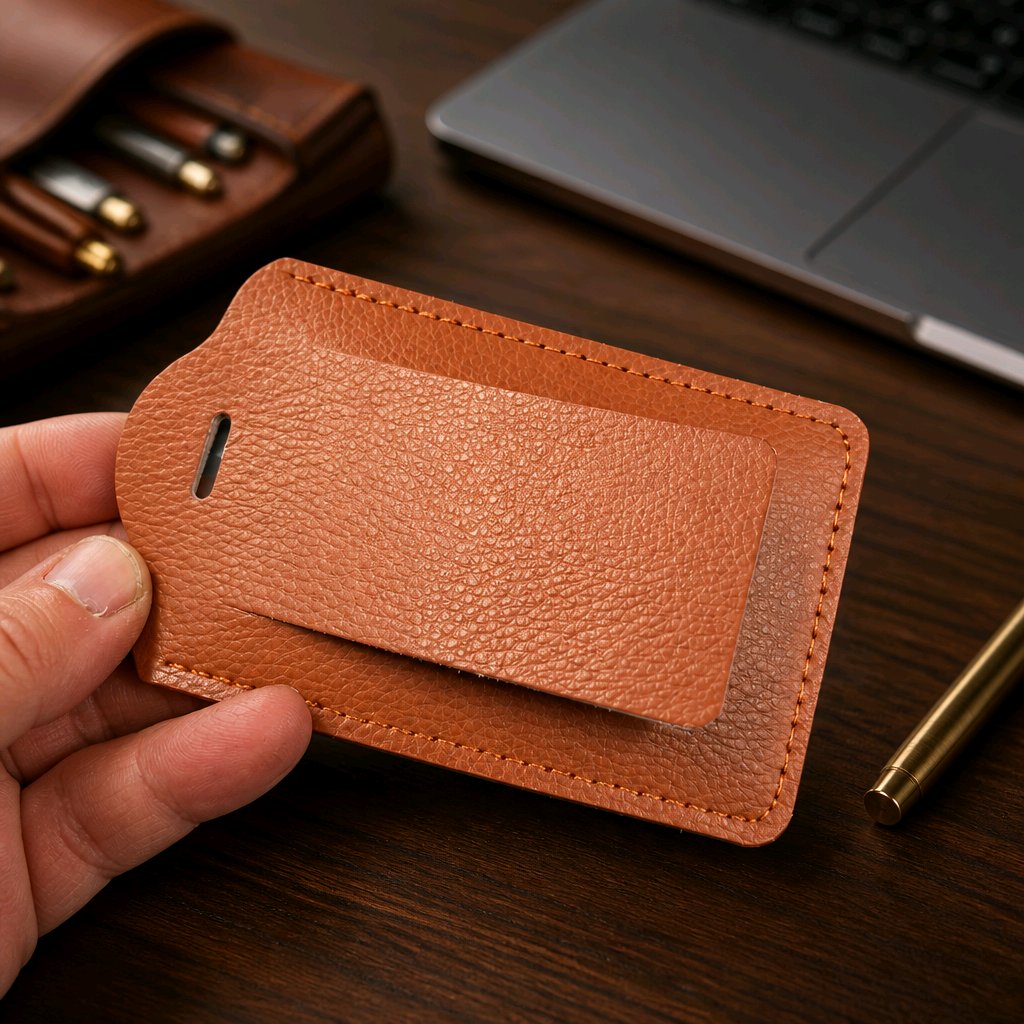 Engraved corporate leather luggage tag — custom business logo or employee name — travel accessory — Stockport UK