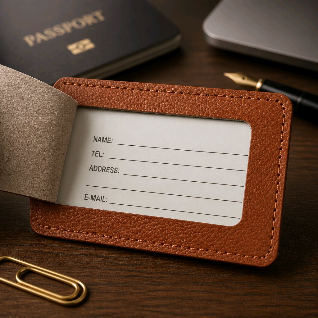 Engraved initials leather luggage tag — custom monogram gift for travel — handmade leather tag — Stockport UK