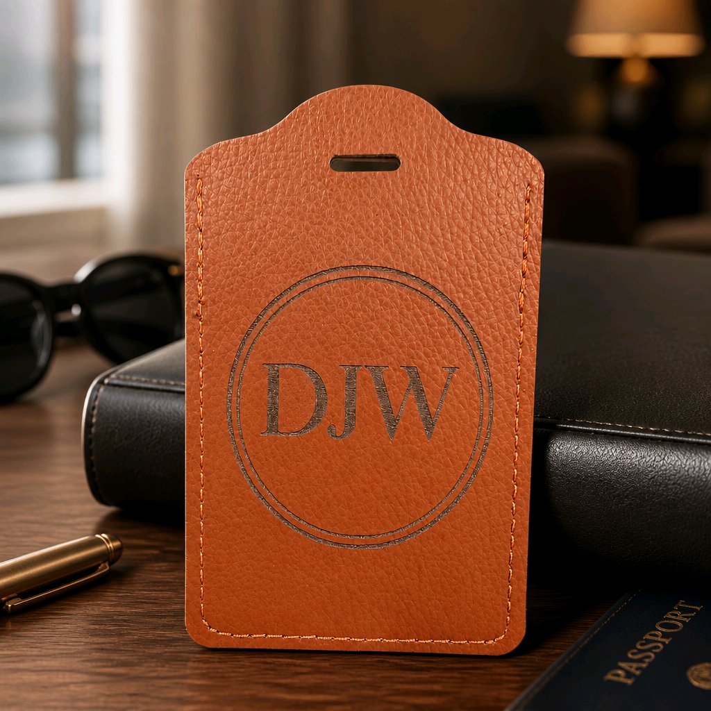 Engraved leather luggage tag — personalised name, initials or message — genuine leather travel tag — made in Stockport UK
