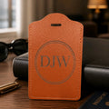 Engraved leather luggage tag — personalised name, initials or message — genuine leather travel tag — made in Stockport UK