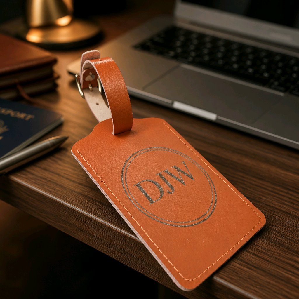 Engraved personalised leather luggage tag — custom name and initials — luxury leather travel accessory — Stockport UK