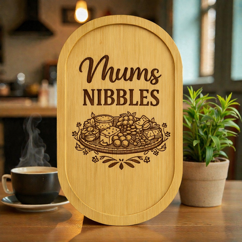 Engraved bamboo serving tray for snacks and grazing — Bamboo serving tray engraved to order, ideal for snacks, dips, sweets and grazing tables.