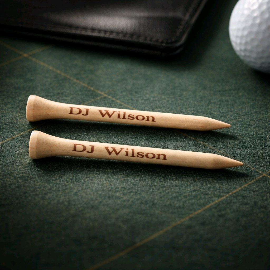 Personalised engraved golf tees — Close‑up of wooden golf tees with custom laser‑engraved names or messages.