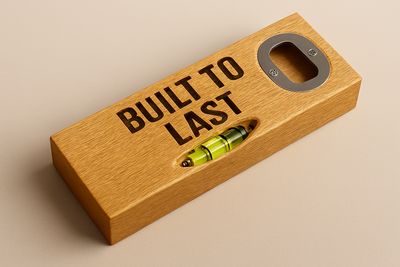 Engraved level bottle opener with custom message — Handcrafted bamboo opener featuring a stainless steel head and personalised engraving.
