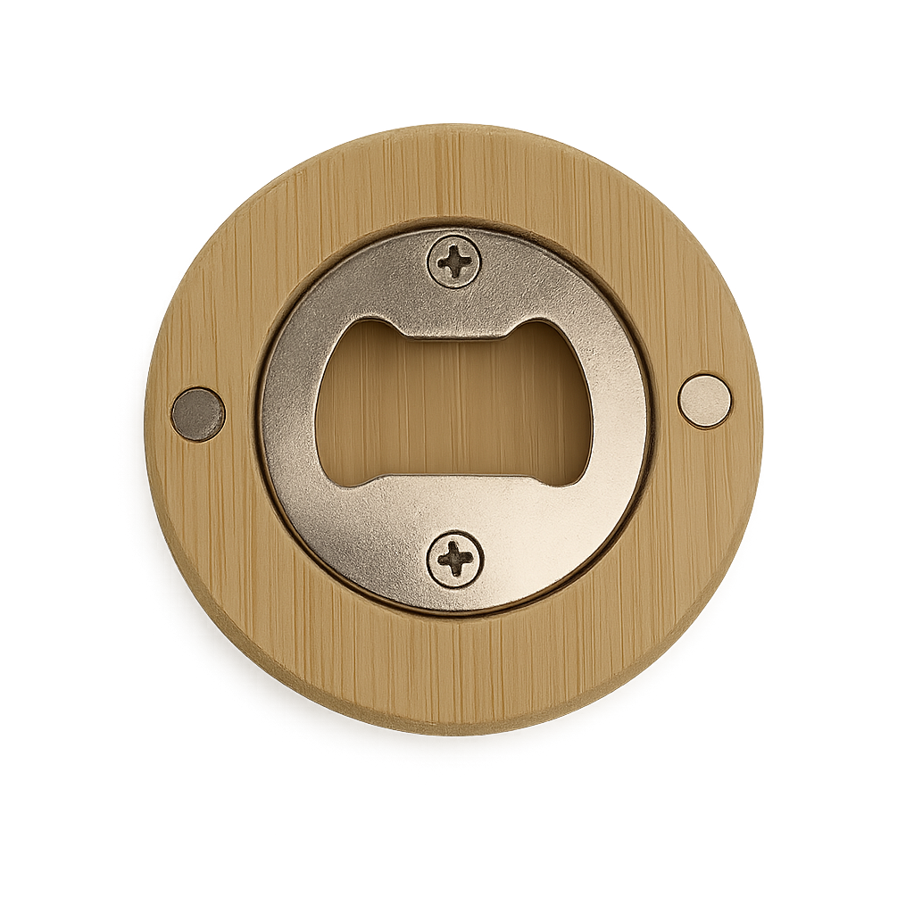 Engraved magnetic bottle opener with preset designs — Customisable wooden bottle opener with strong magnets and engraved artwork.