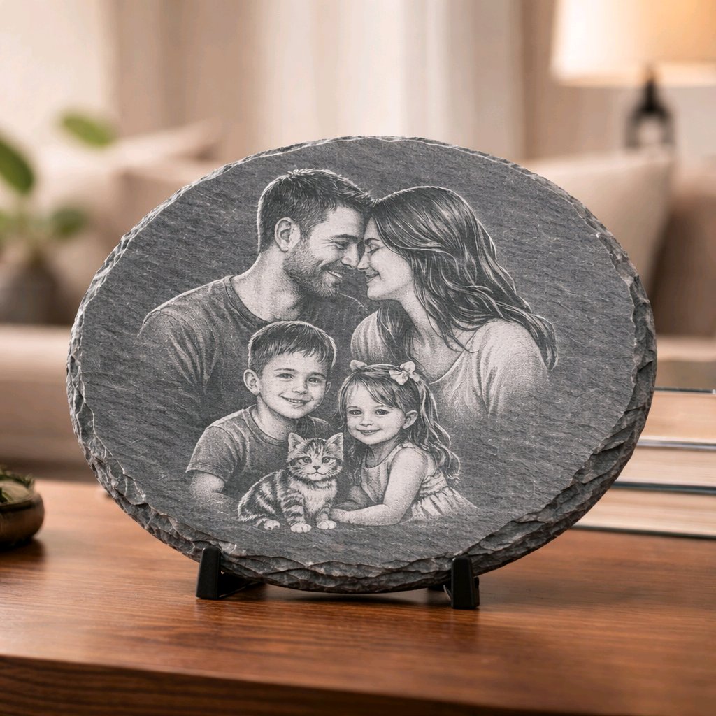Engraved slate coaster with family photo — Slate coaster engraved with a converted family photo, showing detailed line‑art engraving.