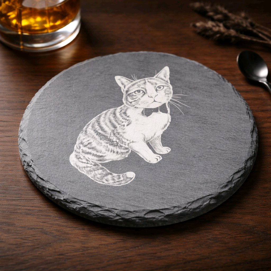 Engraved slate coaster with pet photo — Custom slate coaster featuring an engraved pet image created from a customer photo.