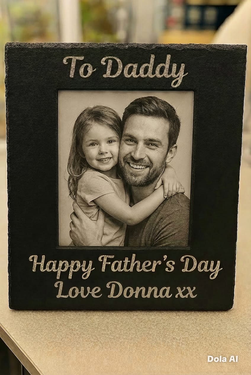 Engraved slate photo frame with Daddy and Son image — Natural slate frame featuring an engraved Daddy and Son photo.