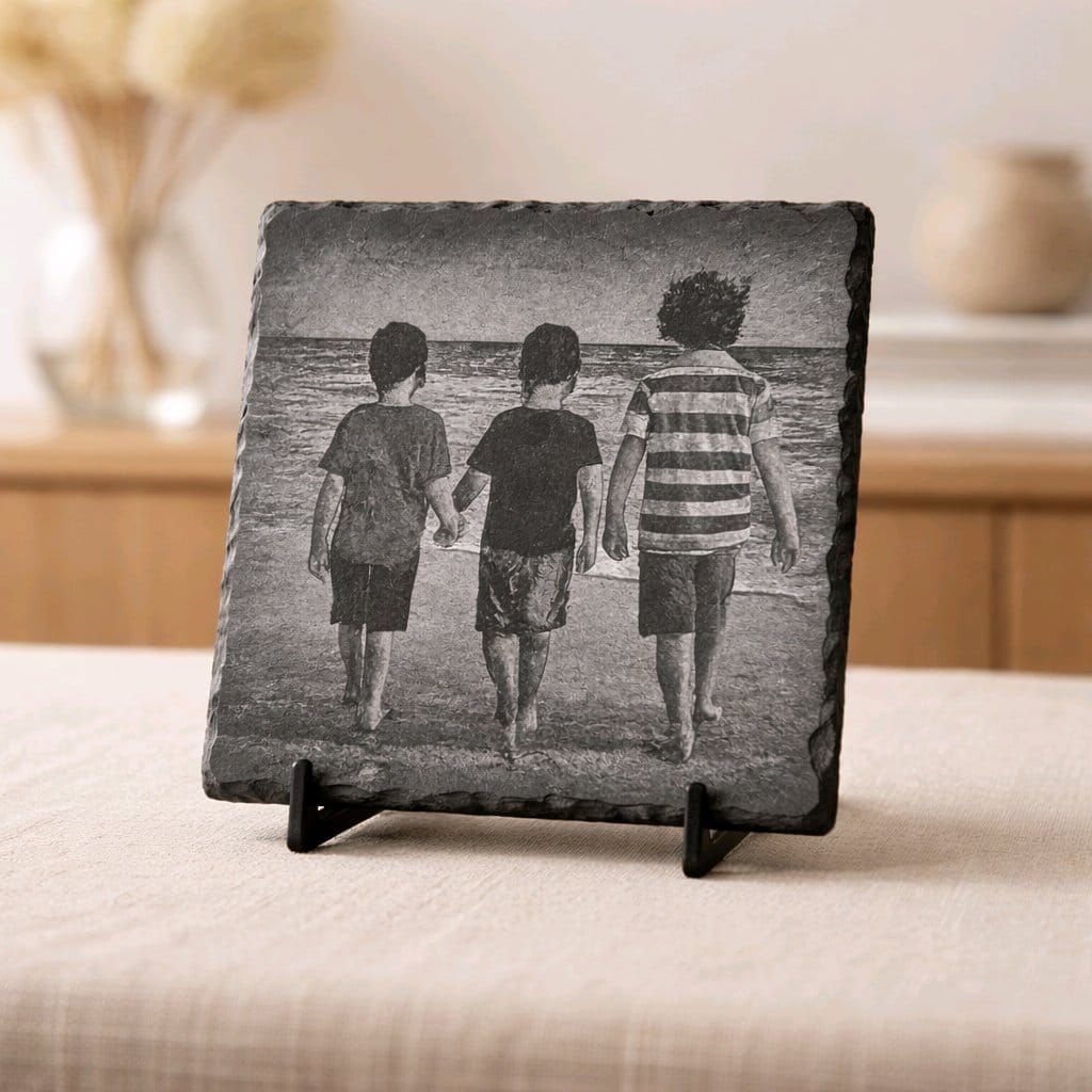 Engraved slate photo keepsake — Detailed photo engraving on natural slate, ideal for memorial or celebration gifts.