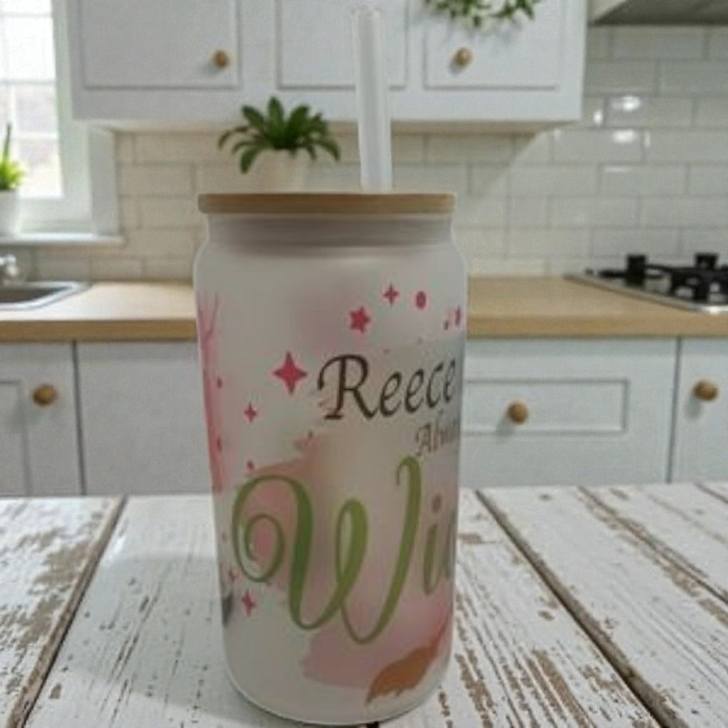 Personalised frosted glass tumbler with bamboo lid — Frosted glass tumbler with bamboo lid and reusable straw, personalised with any name and message plus a stylish figure design.