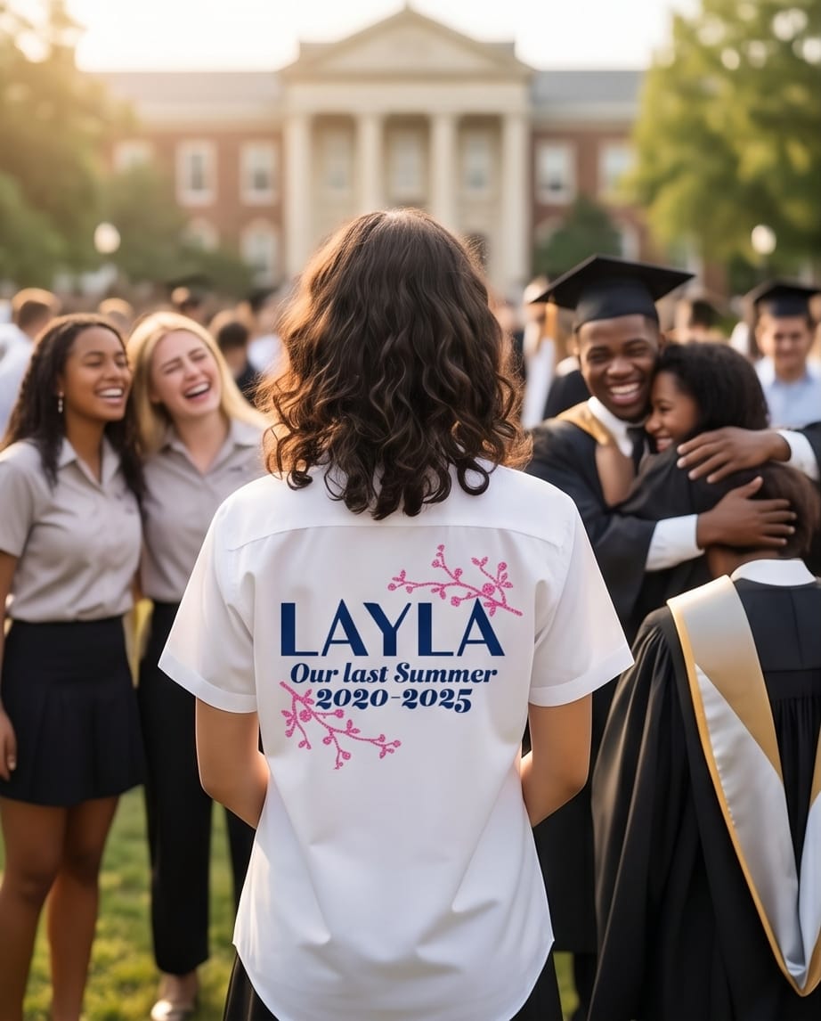 Personalised female graduation shirt — custom name & dates — school leavers memento — Stockport UK