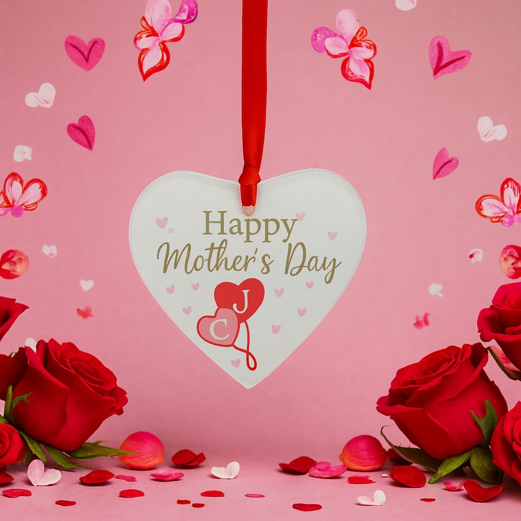 Happy Mother’s Day hanging glass heart — Glass hanging heart featuring a Mother’s Day message with optional personalised photo or text.